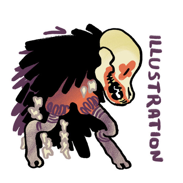 Untitled a clown with a horse skull as a head, and a cloak of teeth and feathers. text reads "illustration."