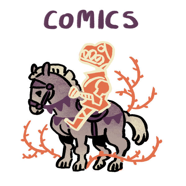 Untitled a knight on horseback in red armour, surrounded by thorny plants. text reads "comics"