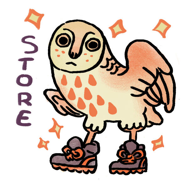 Untitled owl-like harpy wearing sick trainers. text reads "store."
