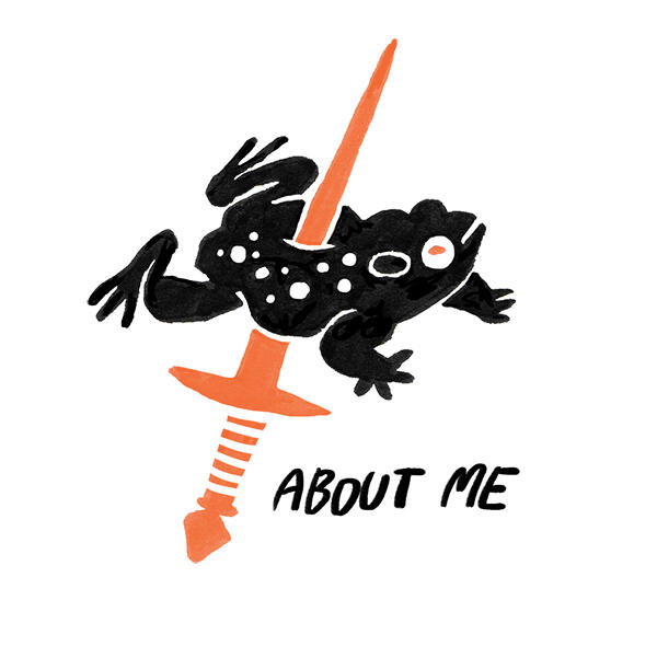 Untitled a black toad being pierced through by a dagger. text reads "About me."
