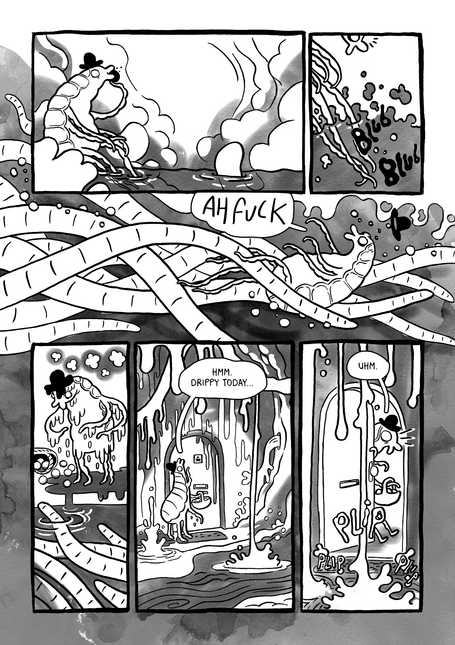 Untitled 3rd page of the comic, showing the louse being stampeded by worms while fishing, then getting home to find its house is flooding.