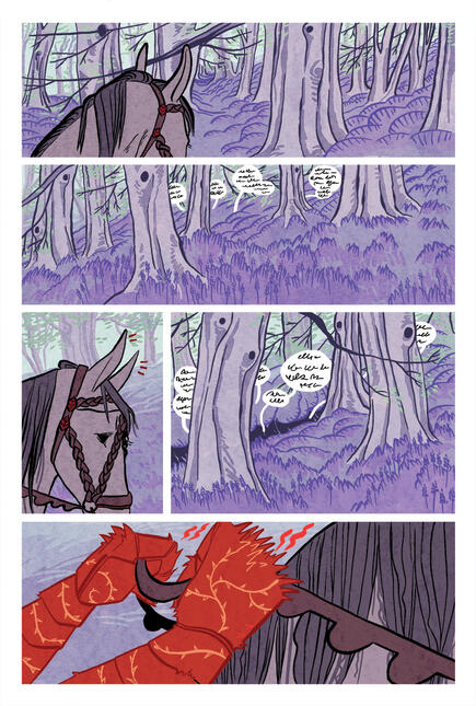 1st page of the comic, showing someone riding a horse through a bluebell wood, overhearing a distant conversation.