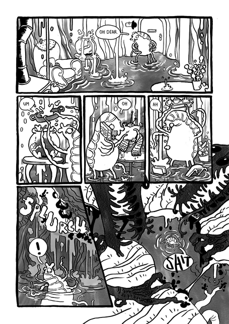 Untitled 4th page of the comic, showing the louse's host being torn open by predators who are eating it.