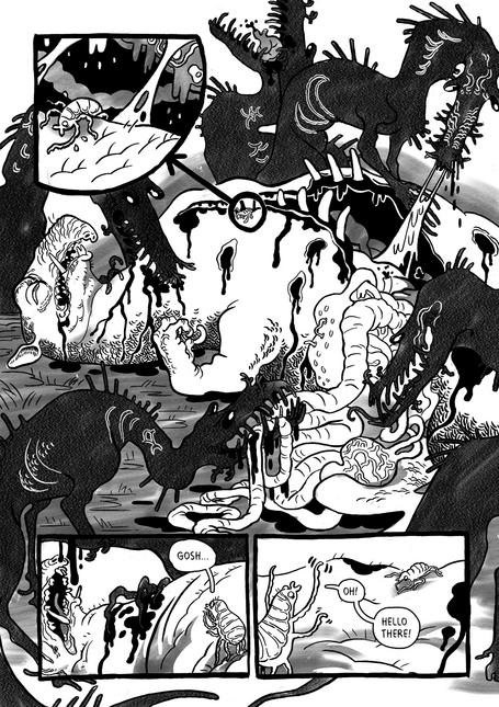 Untitled 5th page of the comic, showing the louse escaping its dying host and meeting another louse.