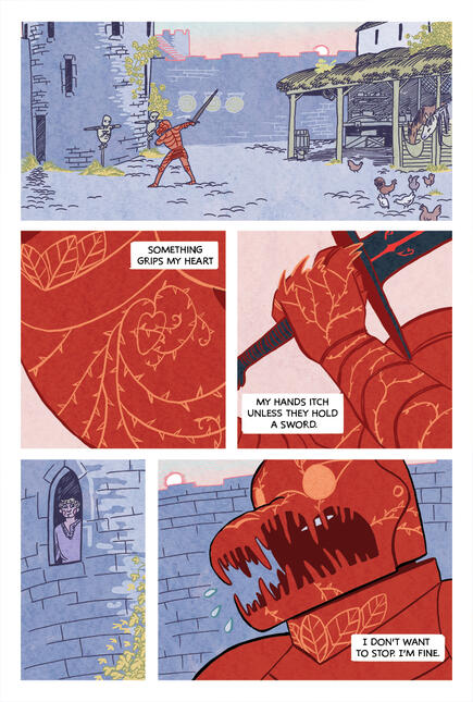 18th page of the comic, showing a knight training in red armour.