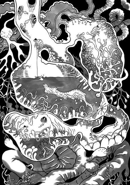 Untitled 2nd page of the comic. the louse is journeying through the guts of its host on various errands.