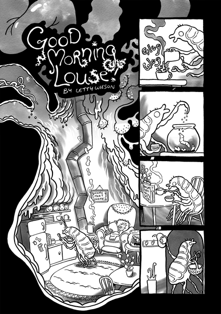 Untitled black and white comic page titled Good Morning Louse, showing a louse's home inside some orifice of a great creature.