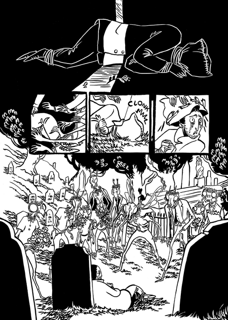 Untitled black and white comic page showing a person tied up with a bag over their head, being hauled into a graveyard full of scary bug people.