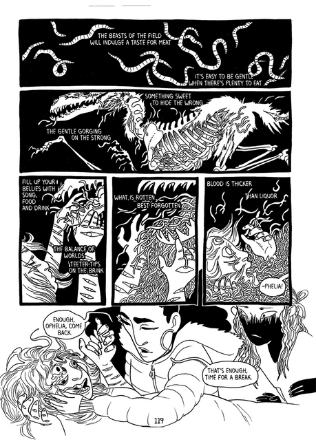 Untitled black and white comic page showing a witch's prophecy, a fox skeleton full of worms. the other witches are pulling the oracle out of the trance at the bottom of the page.