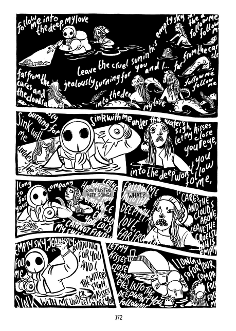 black and white comic page showing tyto and vulpine wading through water in the dark, as sirens sing horny loud songs at them.