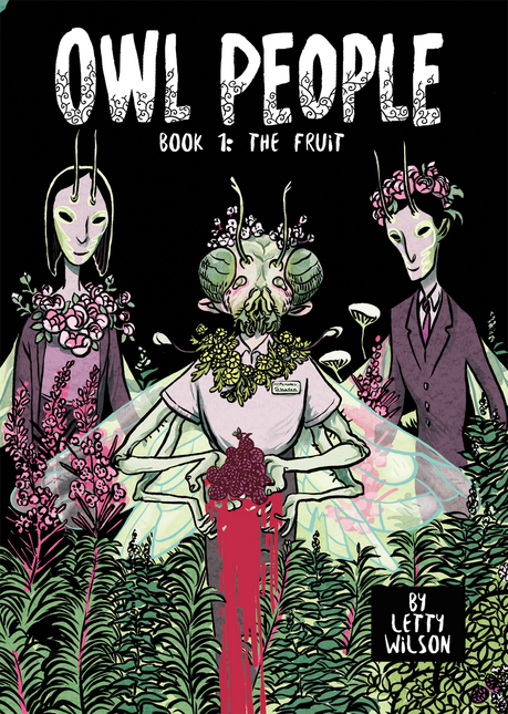 Untitled cover of owl people book one, featuring three buglike pixies, wearing flower garlands and holding a dripping handful of berries.