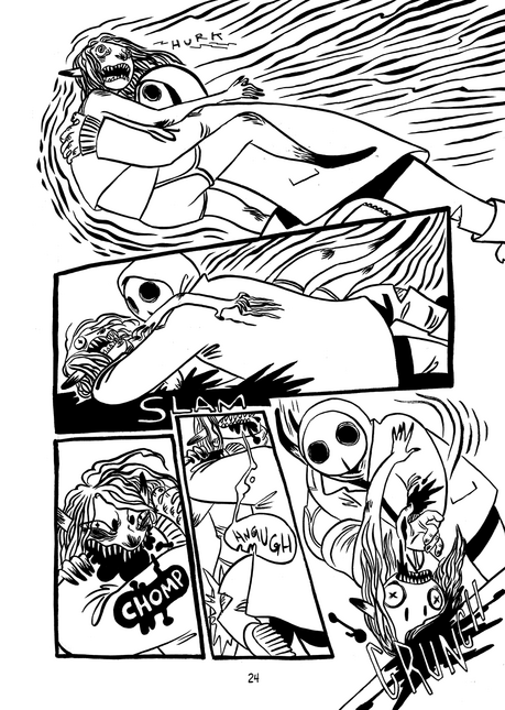 Untitled black and white comic page showing a fight between a guy in an owl mask and some kind of feral fox person