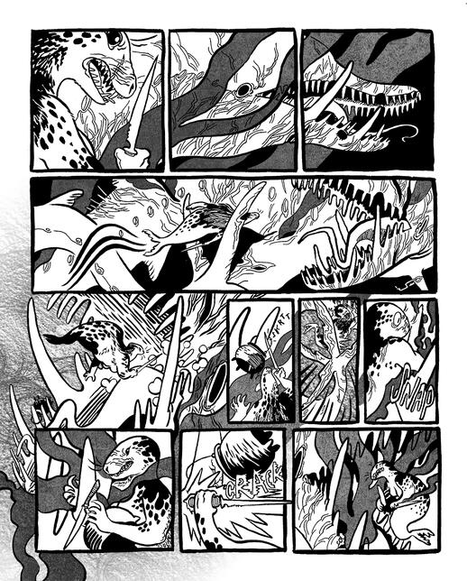 a selkie is fighting the seamonster. she breaks off one of its teeth to get a pot that was caught in its maw.