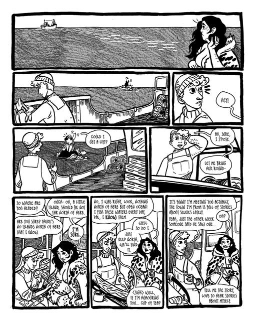 The selkie hitches a ride with a fisherperson. the fisher patches her arm up and they talk about stories.