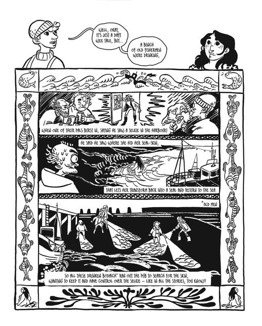 Untitled the fisher tells a story about some old men looking for a selkie skin. the story is framed with seaweed and fishes.
