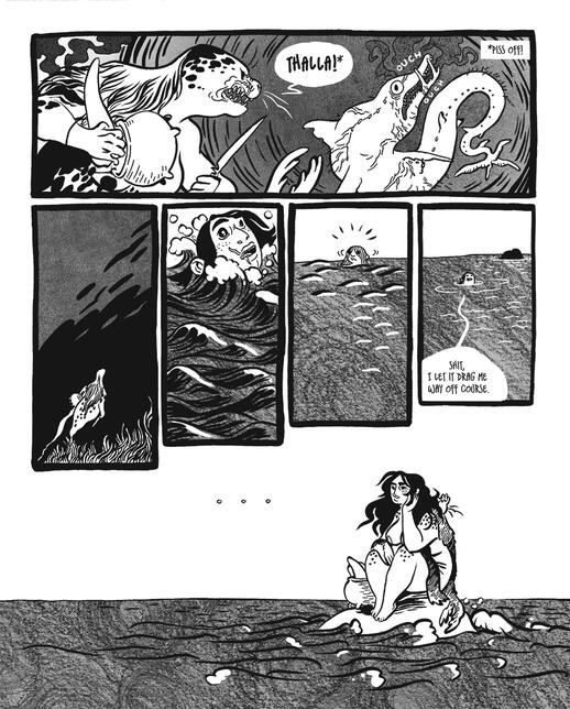 Untitled the selkie surfaces, changing to her human form to sit on a rock.