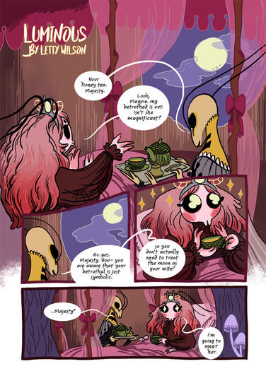 Untitled comic showing the queen of the moths sitting in bed and discussing with her assistant how she will marry the moon.