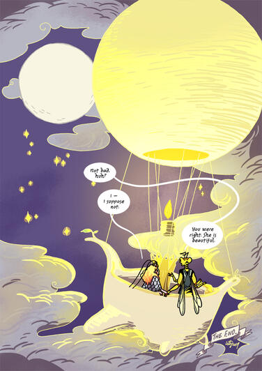 they fly up to look at the moon together.