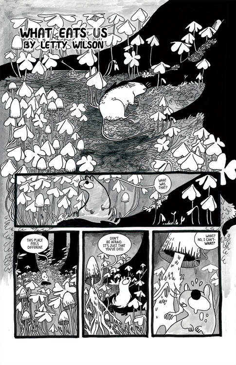 Untitled black and white comic page showing a vole that has died, being greeted by a fungal psychopomp.