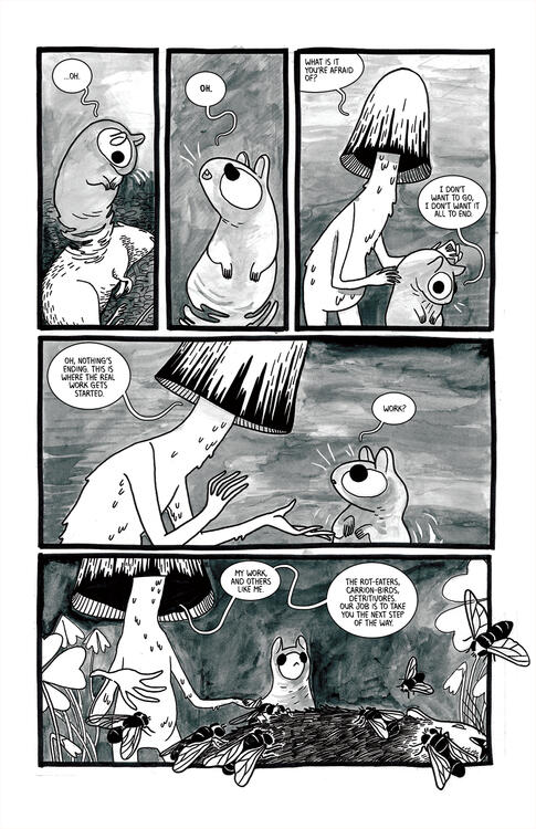 the vole realises it has died, the mushroom says that the real work is just starting.