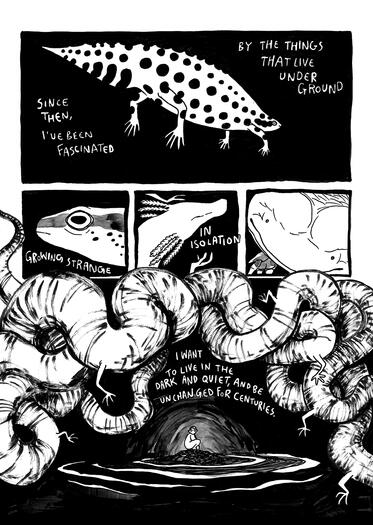 Triturus p3. a page of different newtsm and then a coiliong salamander shape arcing over a figure crouched in a dark wet cave.