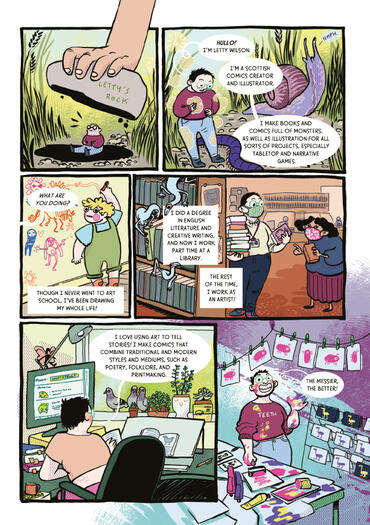 artist bio page from Working In The Arts, published by CHIP collective a comic page showing me, an artist who lives under a stone in your garden, and explaining how I came to be an artist.