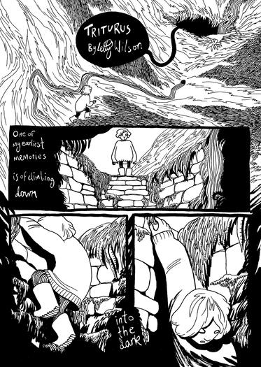 Triturus, p1. For Drouth literary journal black and white comic showing a small child climbing into an old water tank in the side of a hill