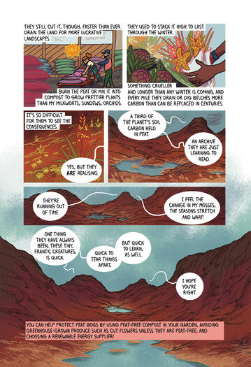 Peat Flesh, Granite Bones p3 comic page showing garden centres and florists htat use peat products, ten zooming out to show mountains talking to eachother, wondering if humans can change their habits before it's too late.