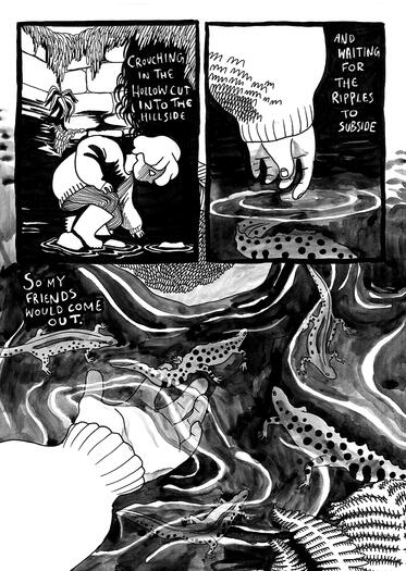 Triturus p2 black and white comic showing the child dipping their hand in the water, and finding newts there.