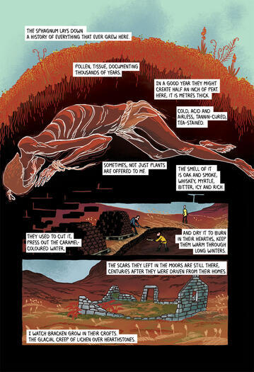 Peat Flesh, Granite Bones p2 a comic page showing a bog body under the moss, and people cutting peat, then a ruined crofter's house.