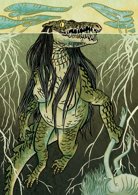 a monster who is part woman, part caiman. she has long hair and breasts, and a crocodilian face and tail. she grasps the limb of a corpse, mostly off the edge of the image.