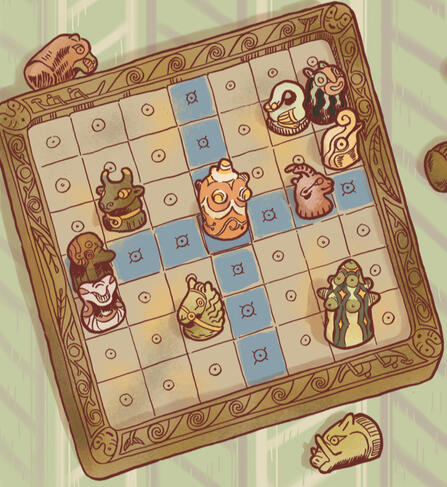 Cuca gwyllbwyll board, a kindo f game board with carved pieces in the shape of strange animals.