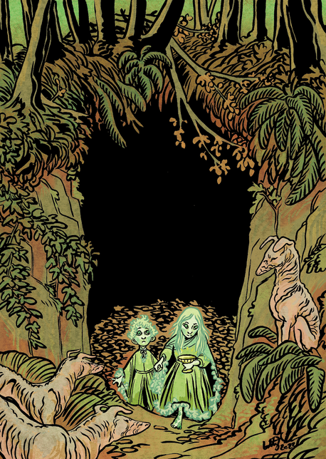 two ghostly green children, holding hands as they climb out of a pit. strange wrinkly dogs watch from the sides of the pit.
