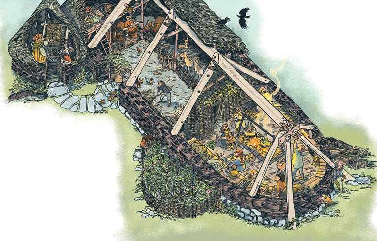 Cover art for the 5e edition illustration of a pictish bytehouse, with cutaway areas to show the construction of the frame, walls and thatched roof, as well as the interiors. many children and adults are shown working, relaxing and playing throughout, as well as domestic and wild anim