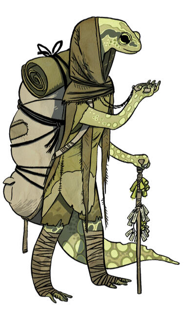 The Pilgrim a newt wearing worn traelling clothes and a large backpack. looking at a compass and leaning on a walking stick hung with bells.