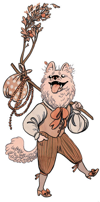 The Fool an anthro Samoyed dog, with a daft expression. holding a bindle made from an apple bow with fruit, and wearing dandyish clothes.