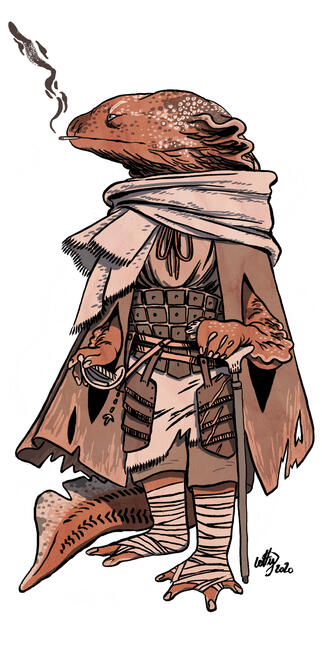 The Veteran a hellbender, smoking a cigarette and leaning on a waking stick. they wear armour hidden under a ragged cloak.