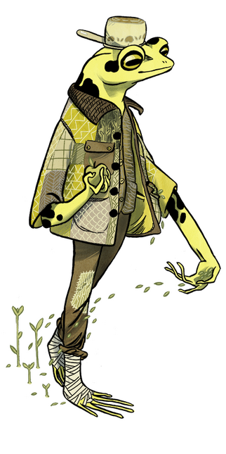 The Orchardist a golden toad scattering seeds as they walk. they wear a saucepan as a hat, and hold an apple.