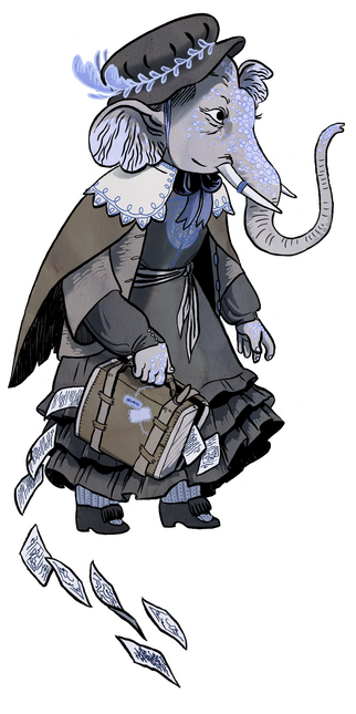 The Historian An indian elephant wearing a large frilly hat and carrying a suitcase full of papers, which are overflowing and blowing away in the breeze.