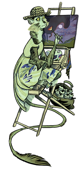 a langur monkey perched on a stool, painting a dreamlike painting.