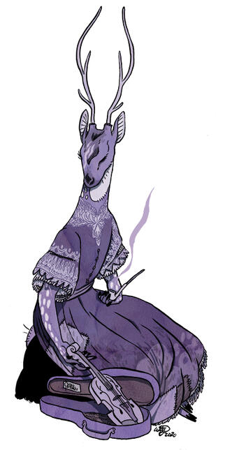The Exile an anthro deer, based on the chital, wearing a lacy gown, and holding a violin and a smoking pipe. She looks wistful.