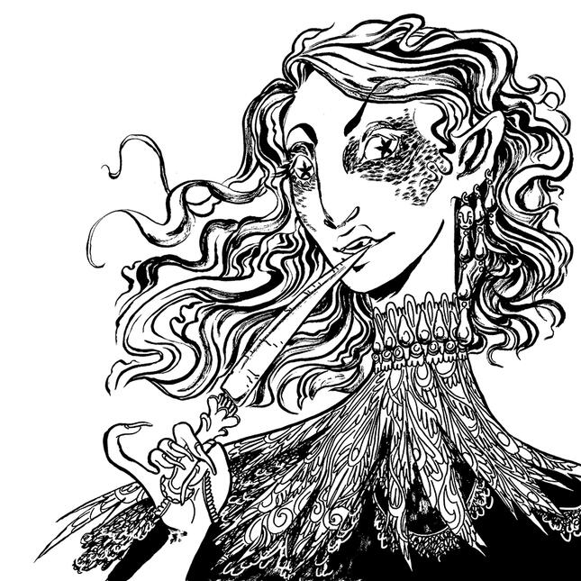 Shadow-of-Sorrows-Lament black and white portrait of an elf with star-shaped pupils and wispy hair. they hold a dagger to their lips, coquettishly.