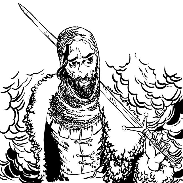 Brom Fraggleton black and white portrait of an adventurer with a grizzled beard, a longsword propped on their shoulder, and wearng heavy furs and armour.