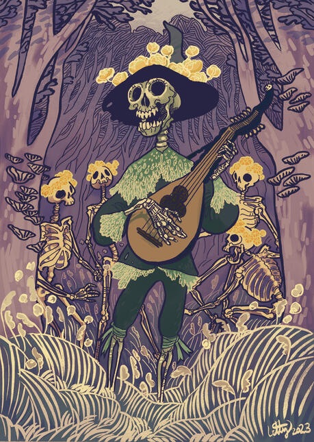 a skeleton bard playing a lute in a forest clearing, as other skeletons dance behind it, wearing crowns of flowers.