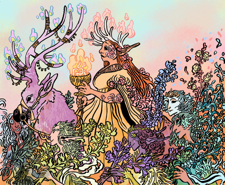 Fairy procession a group of fairies, led by a wiman riding a caribou and holding a chalice in which a fiery white worm coils. the fairies carry armfuls of flowers, trailing petals behind them.