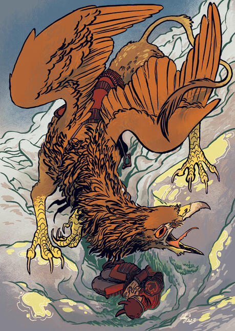 a large brown griffin, part eagle, part lion, crouches over its wounded rider, who lies curled amongst the rocks.