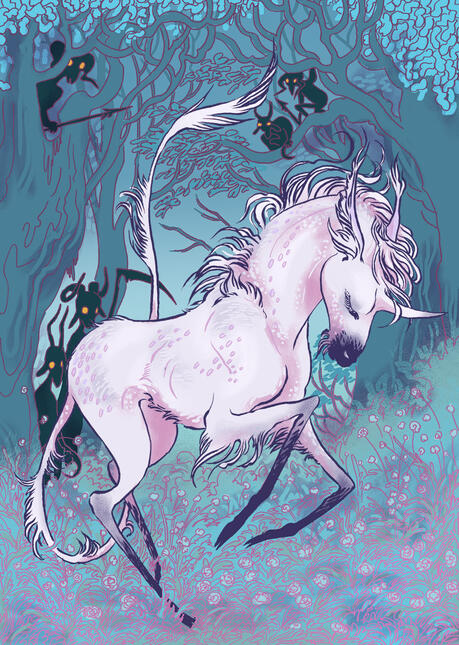 Unicorn a unicorn frolics in a glade, pale and sylphlike. in the trees around it, shadowy horned figures watch.