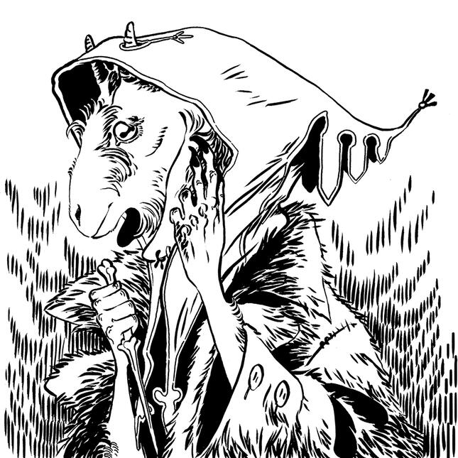 black and white portrait of a goat person wearing a hood and a big hairy coat, clutching a thin dagger in one hand.