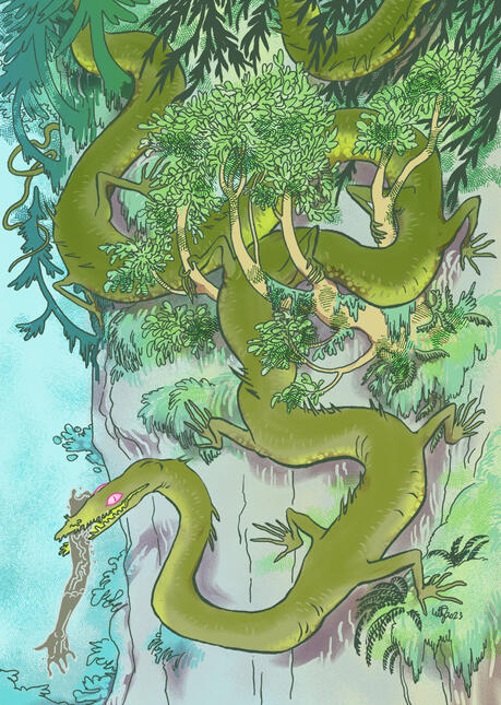 A long green serpent coiled amid greenery overhanging a cliff. it has many limbs, and clutches a human arm, turned to stone, in its mouth.