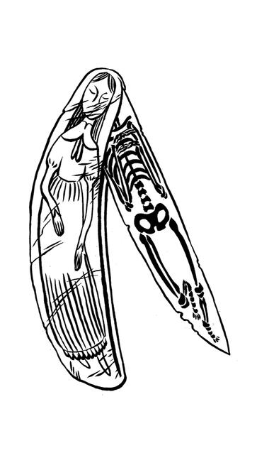 A Clasp Knife a folding pocket knife, the handle engraved with a girl in old fashioned clothing. the blade is engraved with her skeleton.